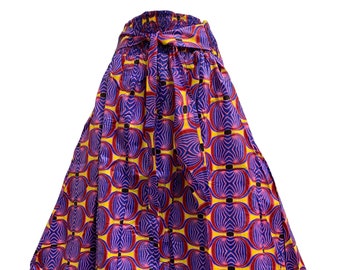Bohemian African Wax Cotton Blue Purple Yellow Geometric Ethnic Print Flared Long Maxi Skirt with Pockets #99