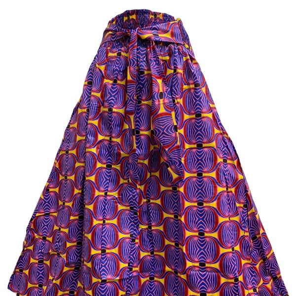 Bohemian African Wax Cotton Blue Purple Yellow Geometric Ethnic Print Flared Long Maxi Skirt with Pockets #99