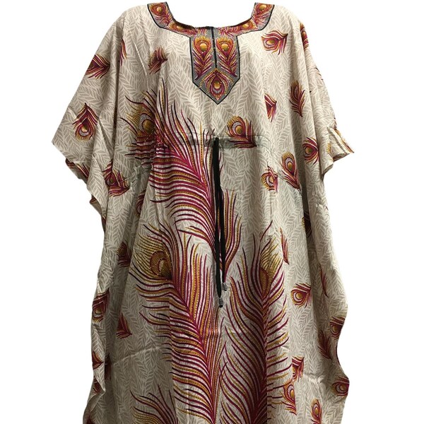 Bohemian Crepe Caftan Cover-Up Hippie Gypsy Chic No53 Beige/Pink Peacock print kaftan