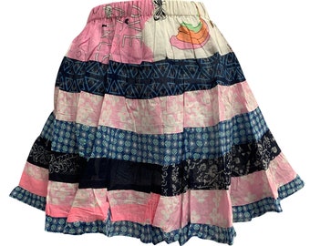 Boho Mini Patchwork Handmade Summer Cute Ruffled Printed Midi Pure Cotton Skirt #2