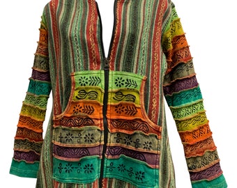 Unisex Men Women Ethnic Print Multicolored Patchwork Stonewashed Cotton Tie-Dye Arjun  Handmade BohoJacket Vintage Hoodie