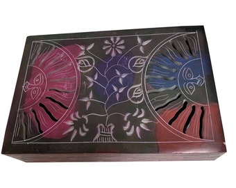 Handmade Carved Floral Paisley Celtic Sun Tie Dye Multicolored Jewelry Trinket Soapstone Gift Box