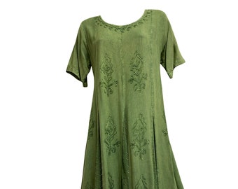 Boho Sixties Embroidered Short Sleeve Stonewashed Renaissance Long Maxi Dress