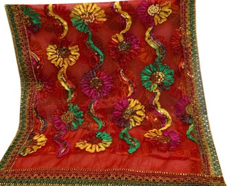 Shimmering Gold & Red Floral Lace Embroidered Sheer Indian Prayer Puja Divine Altar Cloth Tapestry