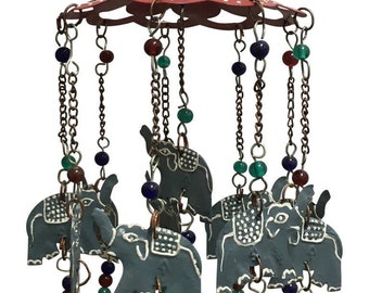 Vintage Good Luck Ten Elephant Carousel Hand Painted Brass Bell Beaded Wind Chime