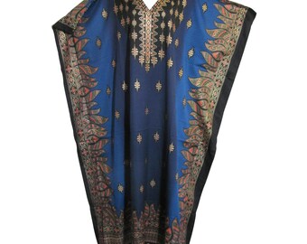 Soft Silky Crepe Ethnic Blue and Black Paisley Bohemian Long Caftan Dress #85 Womens Plus size Dress