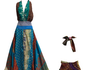 Boho Handmade Patchwork Fair Trade Halter Neck Indian Silk Sari Long Dress