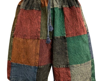 Men's Stonewashed Cotton Patchwork Hippie Boho Colorblock Elastic Waist Drawstring Three Pocket Rustic Shorts Plus size shorts