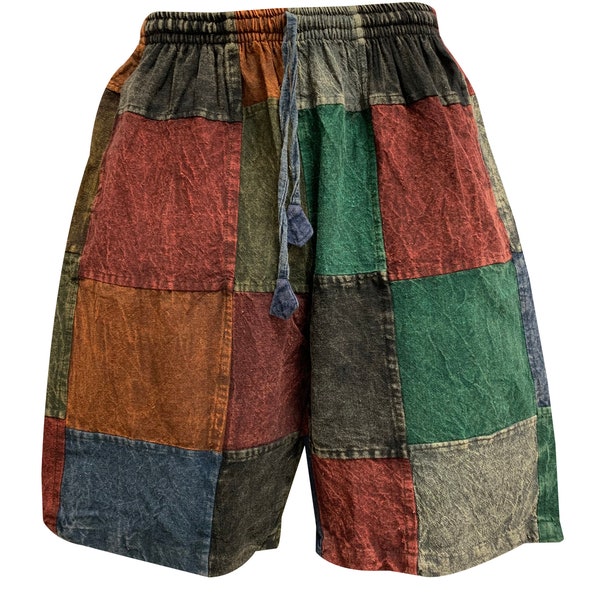 Men's Stonewashed Cotton Patchwork Hippie Boho Colorblock Elastic Waist Drawstring Three Pocket Rustic Shorts