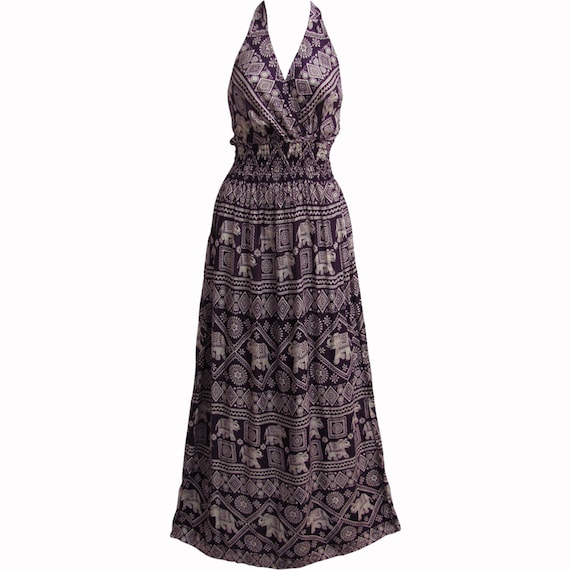 Halter Neck Elephant Print Bohemian Sleeveless Maxi Dress THNONA6