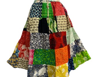 Indian Bohemian Vintage Cotton Mid Length Handmade Patchwork Skirt multicolor midi Tiered Ruffled skirt