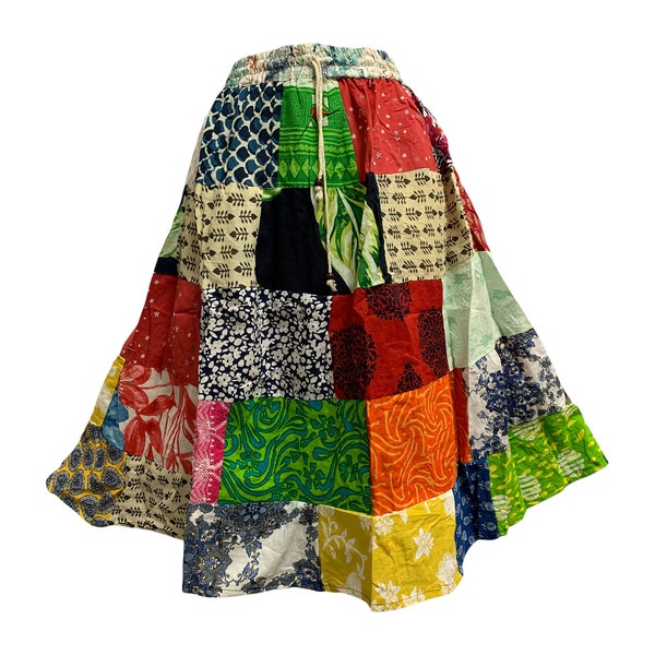 Indian Bohemian Vintage Cotton Mid Length Handmade Patchwork Skirt multicolor midi Tiered Ruffled skirt