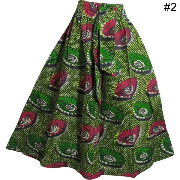 Bohemian African Wax Cotton Blue and Black Batik Ethnic Print Flared Long Maxi Skirt with Pockets #106