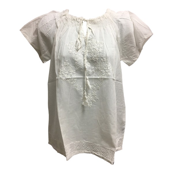 Hand Embroidered White Gauze Cotton  boho Short Sleeve Peasant Blouse Top