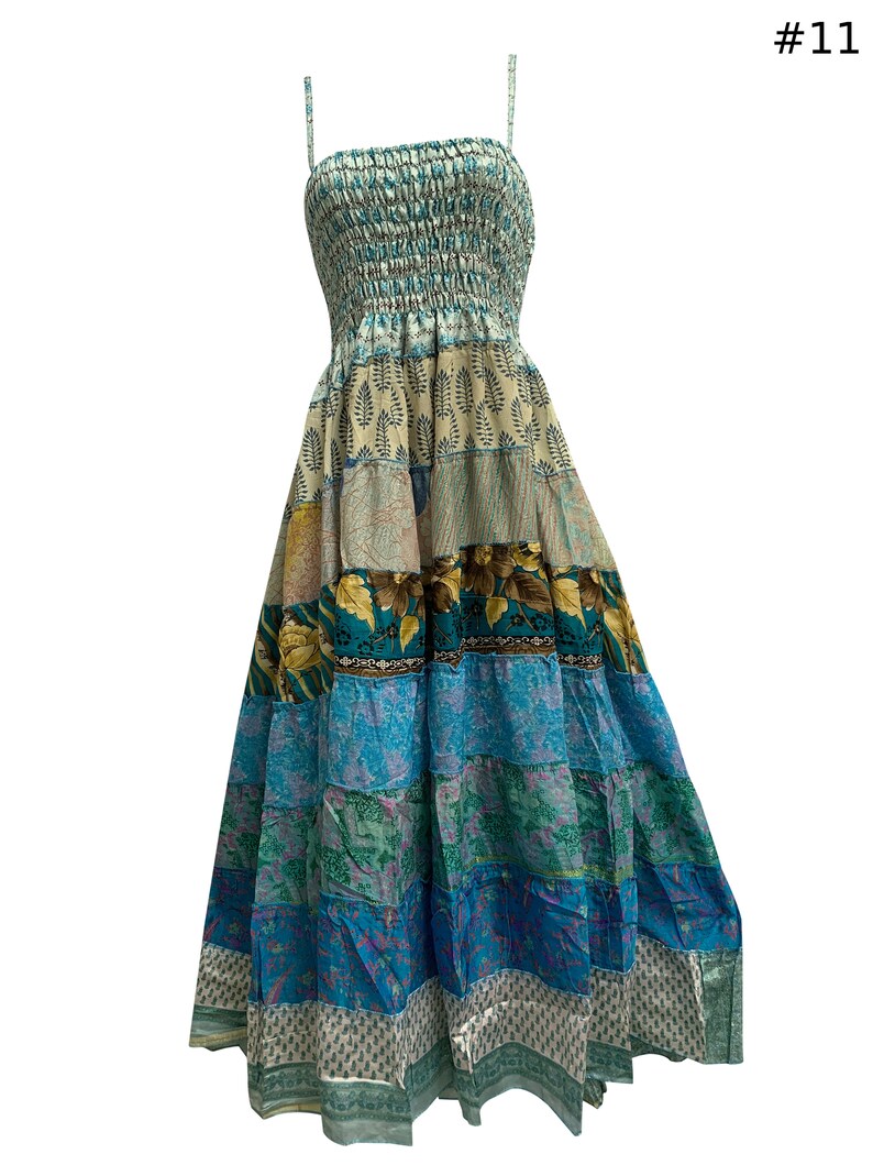 Boho Bohemian Vintage Handmade Fair Trade Indian Silk Sari Saree Printed Indu Spaghetti Strap Dress Tube Dress Skirt 