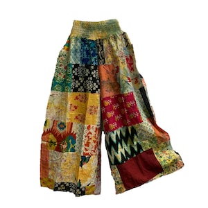 Boho Hippie Multicolor Patchwork Ethnic Wide Leg Trouser Cotton Palazzo With Two Pockets (Regular/Plus Size) Assorted