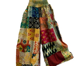 Boho Hippie Multicolor Patchwork Ethnic Wide Leg Trouser Cotton Palazzo With Two Pockets (Regular/Plus Size) Assorted