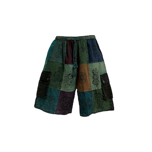 Men's Bohemian Ethnic Print Patchwork Stonewashed Cotton Shorts Unisex Rustic Shorts