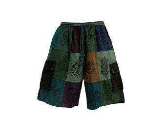 Men's Bohemian Ethnic Print Patchwork Stonewashed Cotton Shorts Unisex Rustic Shorts