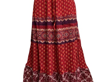 Women's Boho Patchwork Ethnic Print Crinkled Tiered Long Skirt YOGINI