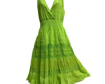 Womens Plus Size Green Embroidered Lace Wrapped V-Neck Sleeveless Tiered Bohemian Ruffled Long Dress #2