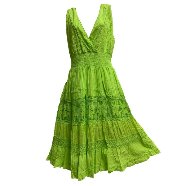 Womens Plus Size Green Embroidered Lace Wrapped V-Neck Sleeveless Tiered Bohemian Ruffled Long Dress #2