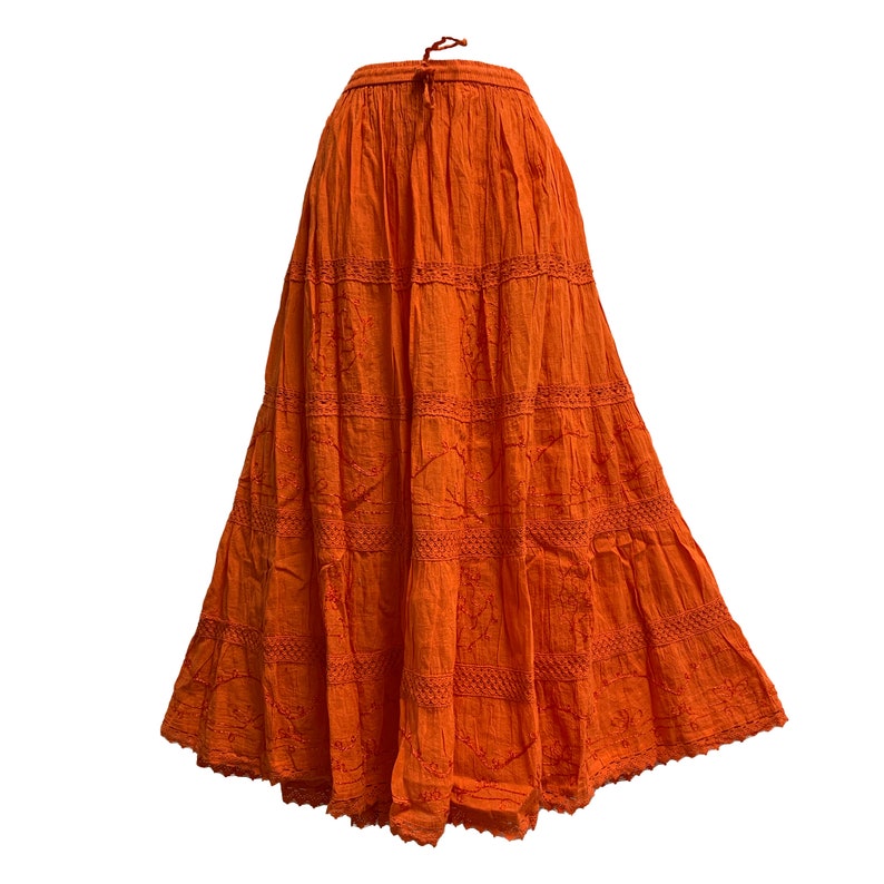 Womens Plus Size Three-Tier Bohemian Gauze Cotton Long Skirt Embroidered Skirt Boho solid color plain Maxi Skirt Orange