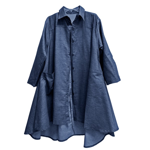 Bohemian Denim Blue Long Sleeve Loose Fit Swing Dress High and Low Hem Shirt Dress With Pockets