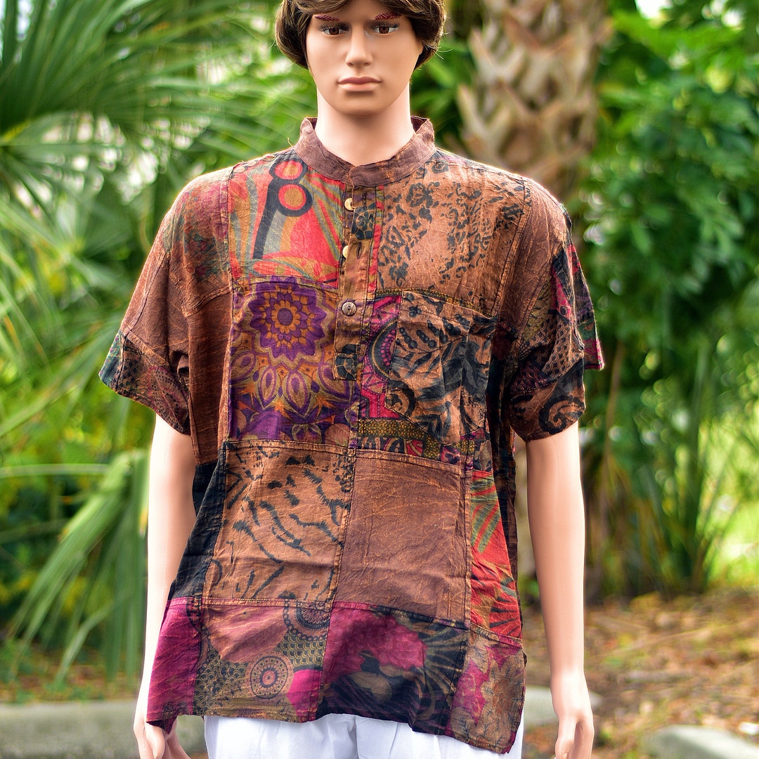 Men's Indian Vintage Bohemian Hippie Brown Patchwork Short Sleeve Shirt ...