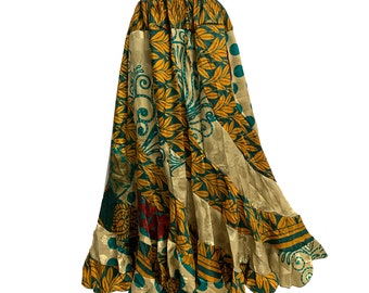 Boho Handmade Fair Trade Indian Silk Sari Ruffled Long Patchwork Skirt (Extra Long)