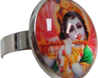 Krishna Yoga Meditation Sanskrit Adjustable Fashion White Metal Ring