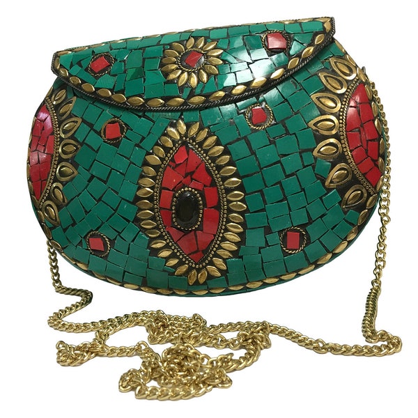 Handmade Tibetan Vintage Turquoise Coral Mosaic Boho Clutch Evening Bag #1