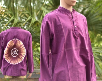 Mens Bohemian Yoga Cotton Om Print Embroidered Mandarin Collar Tunic Shirt kurta  (Wine)