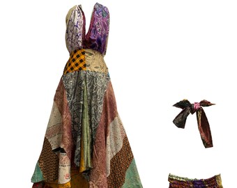 Boho Handmade Fair Trade Indian Silk Sari Ruffled Long Patchwork Skirt