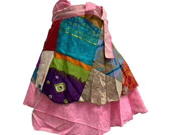 Handmade Patchwork Indian Bohemian Recycled Vintage Silk Frabric Reversible Wrap-Around Mini Midi Skirt