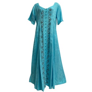 Boho Short Sleeve Stonewashed Embroidered Button Down Low-Neck Long Goddess Maxi Dress .Womens plus size boho dress.