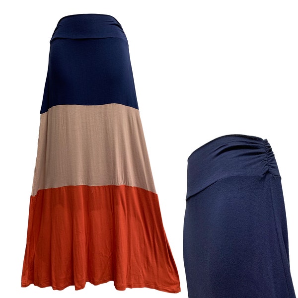 Fold Over Height Waist Lightweight Spandex Solid Color A-Line Long Maxi Skirt