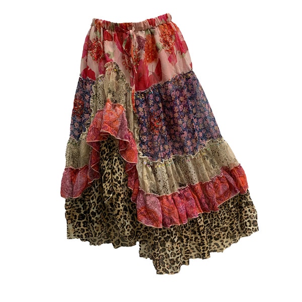 Boho Gypsy Ruffled Shimmering Sequened Embroidery Tiered Long Skirt Assorted