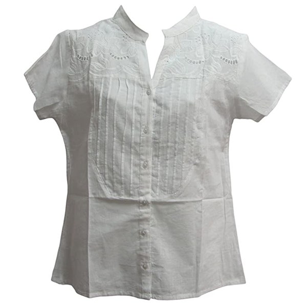 White Indian Gauze Cotton Short-Sleeve Embroidered Lace Button Up Blouse Top No3