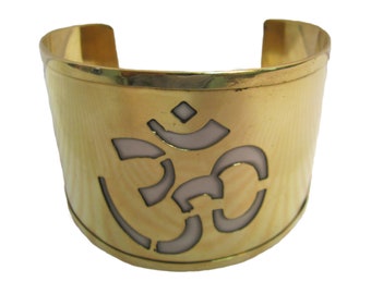 Hindu Healing Yoga Meditation Om Ohm Inlaid Brass Cuff Bracelet