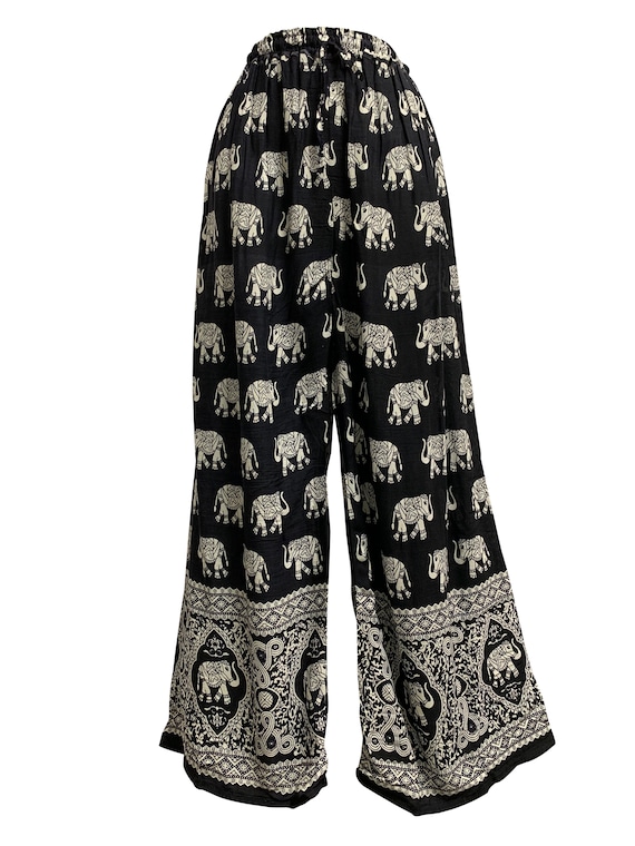 Black ELEPHANT PRINT Crepe Wide Leg Printed Palazzo   Royskart