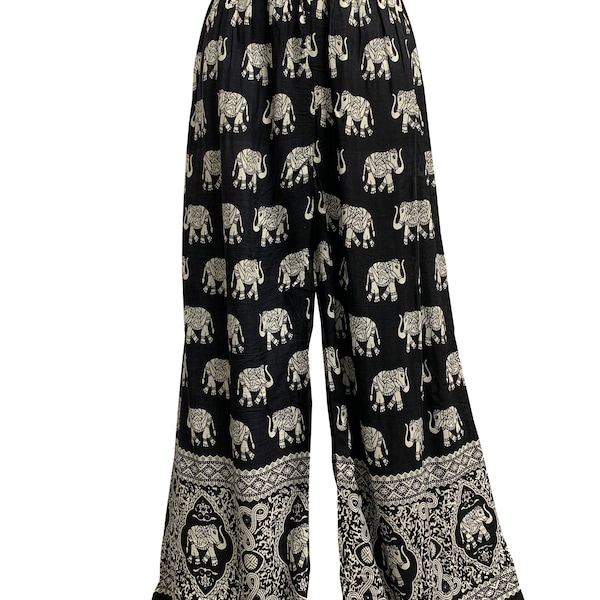 Women's White & Black Elephant Print Wide Leg Casual Cotton Palazzo Pants Trousers #2