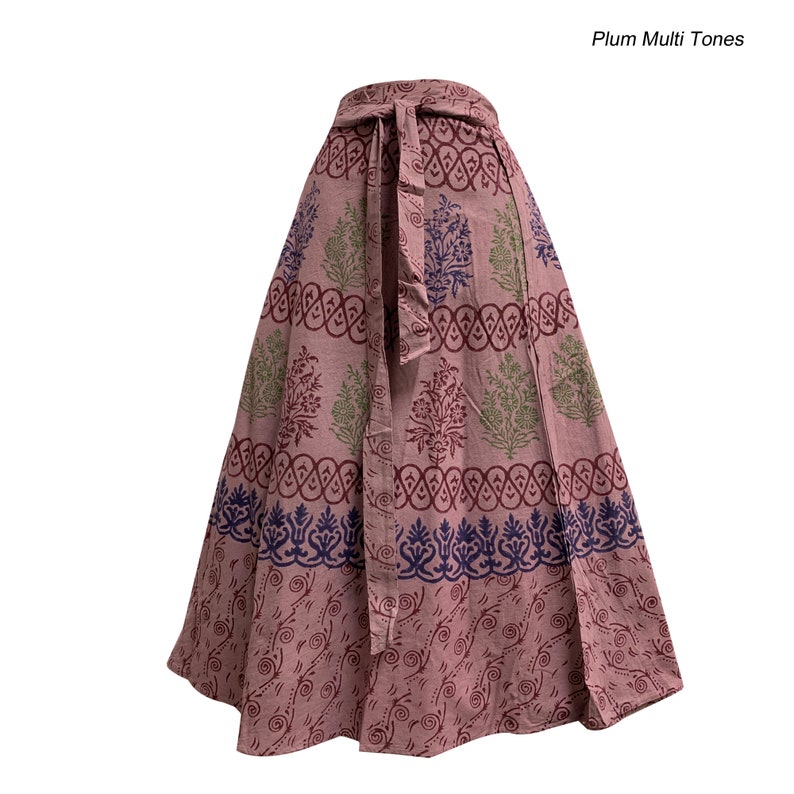 Bohemian Indian Ethnic Block Print Cotton Long Maxi Wrap Around Skirt Bagroo Plum Multi Tones
