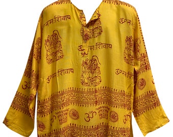 Boho Bohemian Unisex Long Sleeve Hippie Mantra Indian Ethnic Print Block Print Kurta Top Mens shirt. Womens loose fit shirt.