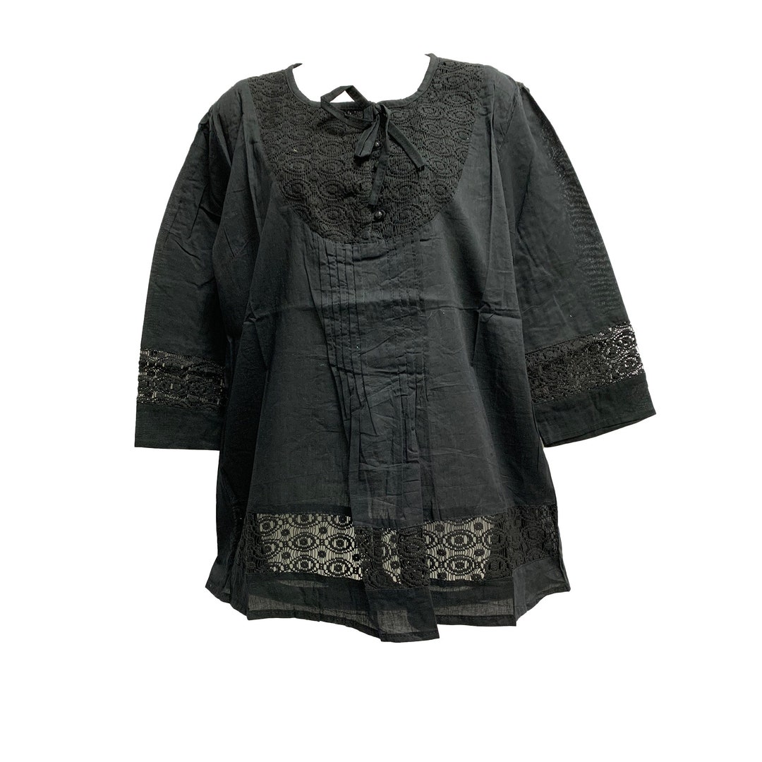 Boho Cotton Embroidered Crochet Lace Style Peasant Solid Black 3/4 ...