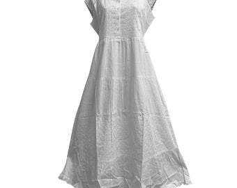 Women's Boho Bohemian White Gauze Cotton Eyelet Embroidered Tiered Loose Long Maxi Dress