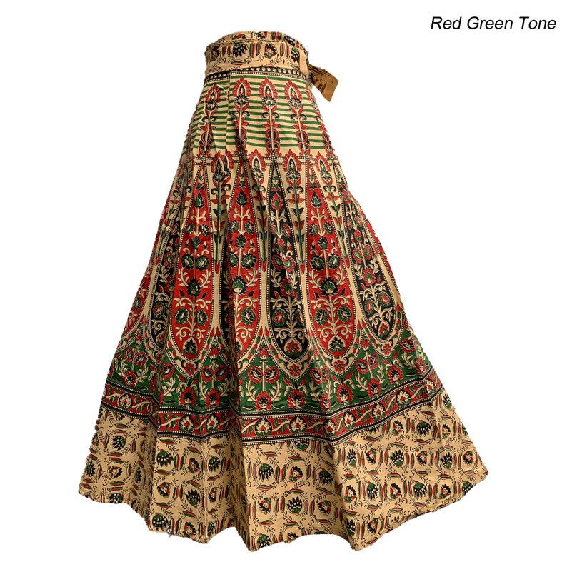 Bohemian Indian Ethnic Block Print Cotton Long Maxi Wrap Around Skirt Bagroo Red Green Tone