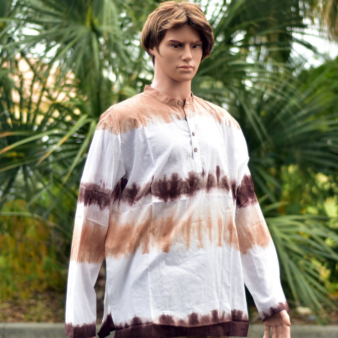 Men's Cotton Tie-Dye Mandarin Collar Bohemian Long Sleeve Shirt Loose Fit Yoga Beach Boho Shirt Kurta