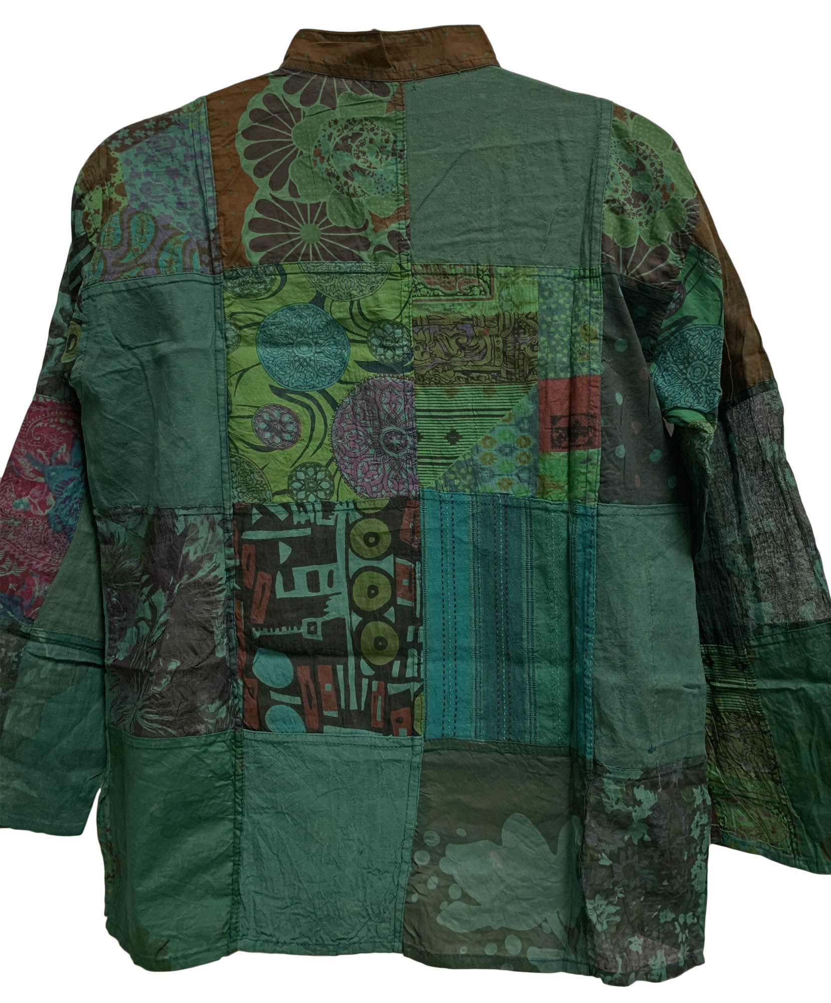 Mens Mandarin Collar Vintage Patchwork Ethnic Print Bohemian Long Sleeve Shirt Kurta