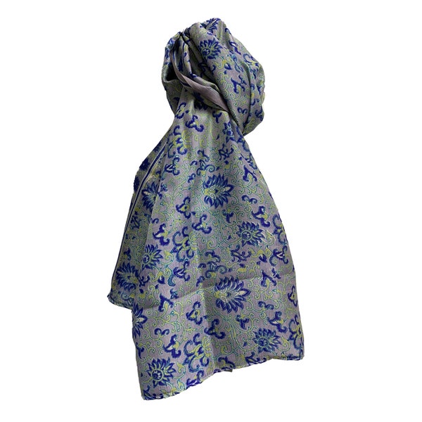 Ethnic India Boho Vintage Pure Silk Blue Floral Paisely Print Shawl Wrap Large Scarf